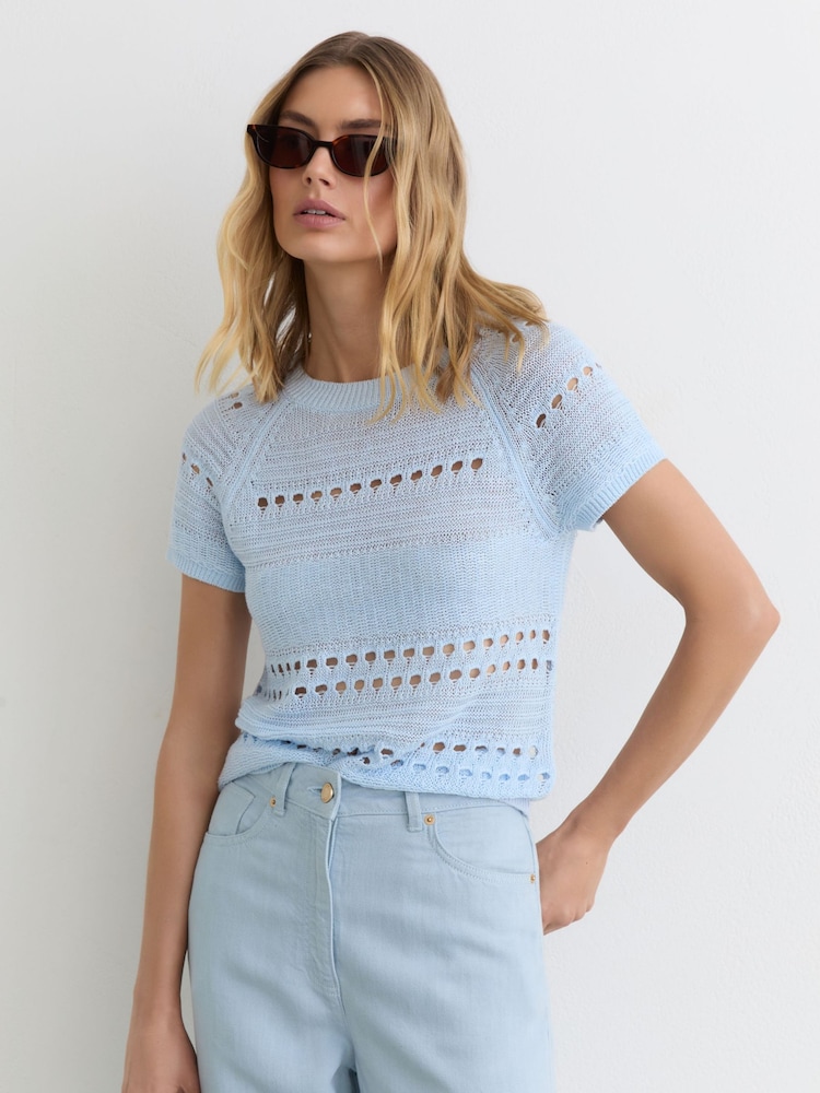 Reiss Light Blue Chloe Linen Textured-Knit Top - Image 1 of 6