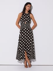 Reiss Chocolate Brown/Ivory Nayla Polka-Dot Cut-Out Midi Dress - Image 1 of 6