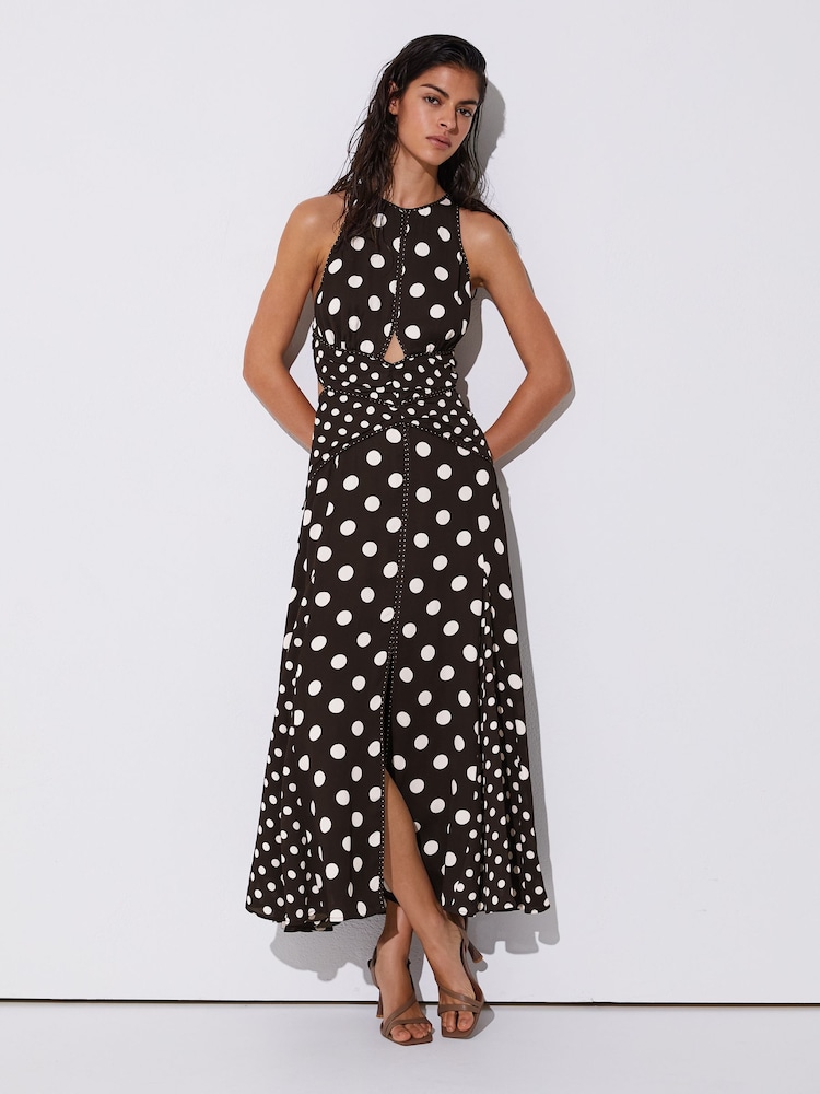 Reiss Chocolate Brown/Ivory Nayla Polka-Dot Cut-Out Midi Dress - Image 1 of 6