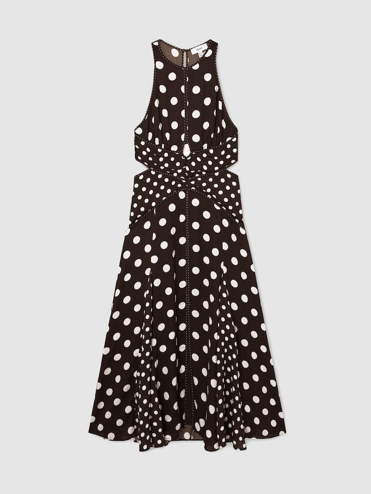 Reiss Chocolate Brown/Ivory Nayla Polka-Dot Cut-Out Midi Dress - Image 2 of 6