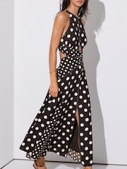 Reiss Chocolate Brown/Ivory Nayla Polka-Dot Cut-Out Midi Dress - Image 3 of 6