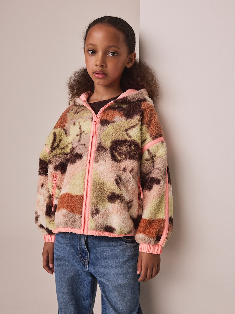 Neutral/Pink Abstract Zip up Hooded Borg Jacket (3-16yrs) - Image 1 of 5 Neutral/Pink Abstract Zip up Hooded Borg Jacket (3-16yrs) - Image 1 of 5