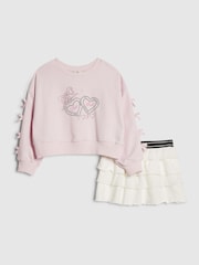 طقم من سويت شيرت بتفاصيل فيونكة وتنورة طبقات من River Island - صورة 1 من 5