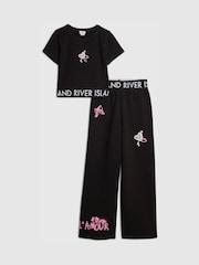 River Island Black Grafitti Waistband Crop Top & Wide Leg Joggers Set - Image 1 of 5