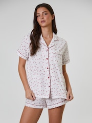 Loungeable White Cherry Printed Dobby Short Sleeve and Short Set - Image 1 of 5