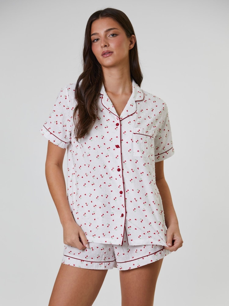 Loungeable White Cherry Printed Dobby Short Sleeve and Short Set - Image 1 of 5