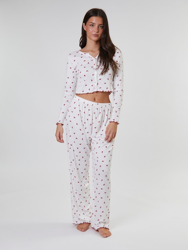 Loungeable Cherry Printed Ribbed Jersey Long Sleeve and Trouser Pyjamas Set - Bild 2 von 5