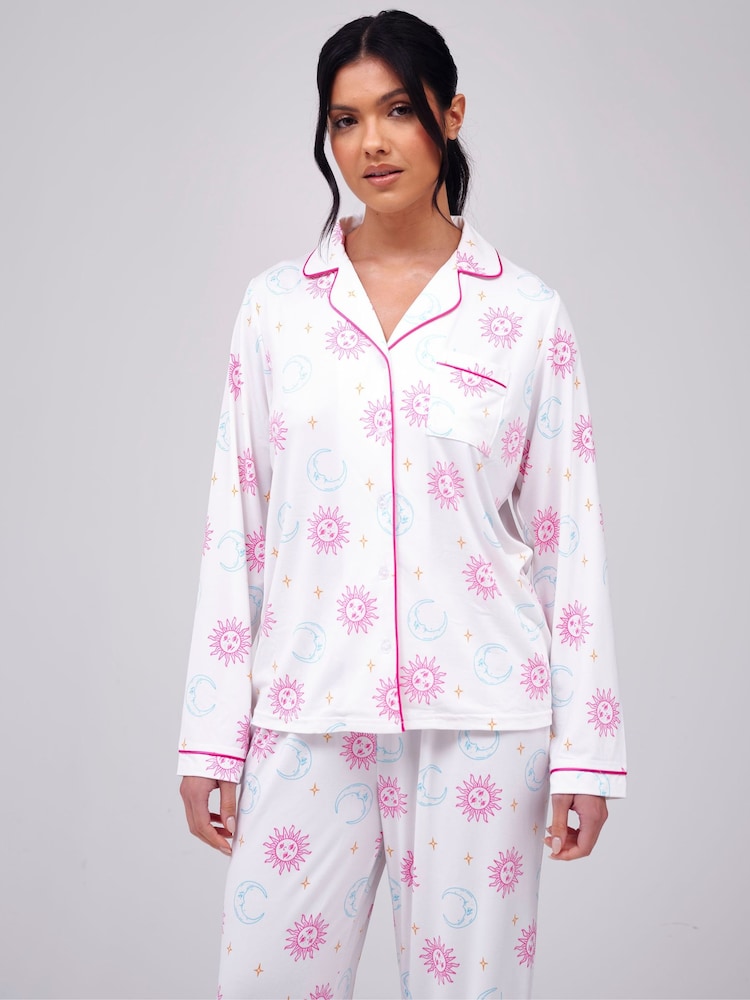 Loungeable White Celestial Printed Super Soft Revere Pyjamas Set - Image 1 of 4