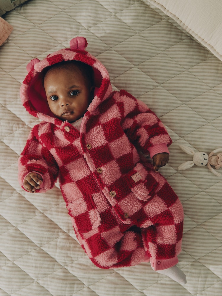 Pink and Red Checkerboard Borg Hooded Baby All-In-One (0mths-2yrs) - Image 1 of 12 Pink and Red Checkerboard Borg Hooded Baby All-In-One (0mths-2yrs) - Image 1 of 12