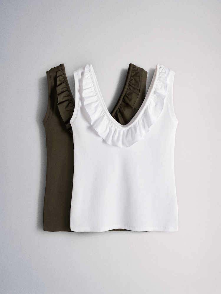 The Set 2 Pack Frill Neck Scoop Vests Khaki Green/White - Image 1 of 5
