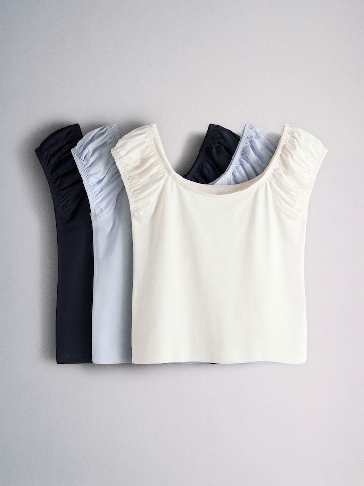 The Set 3 Pack Ruched Shoulder T-Shirts Navy Blue/Light Blue/White - Image 1 of 6