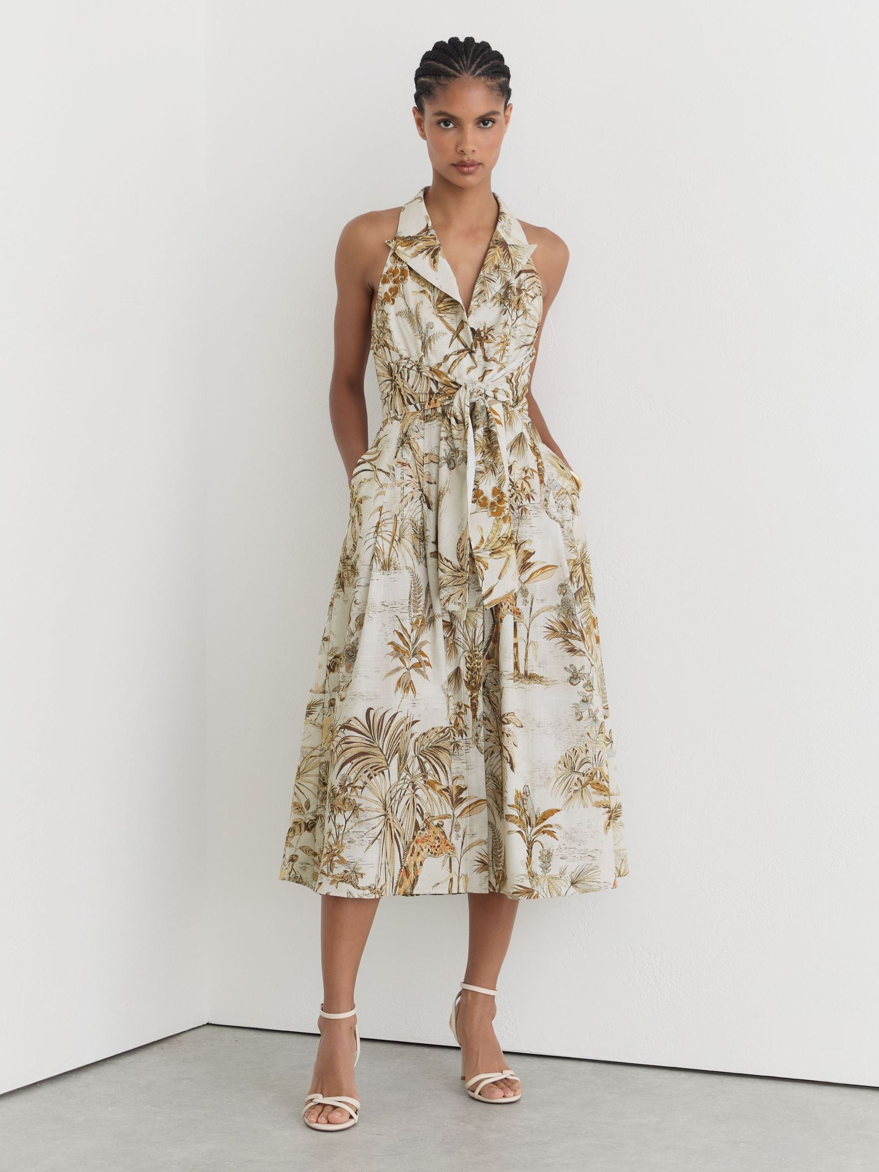 Buy Reiss Neutral Tate Petite Cotton Safari-Print Tailored Midi