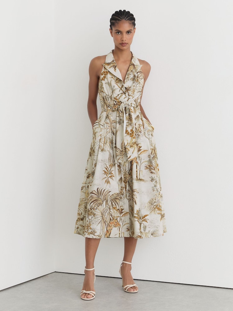 Reiss Neutral Tate Petite Cotton Safari-Print Tailored Midi Dress - Image 1 of 7 Reiss Neutral Tate Petite Cotton Safari-Print Tailored Midi Dress - Image 1 of 7