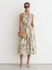 Reiss Neutral Tate Petite Cotton Safari-Print Tailored Midi Dress - Image 3 of 7