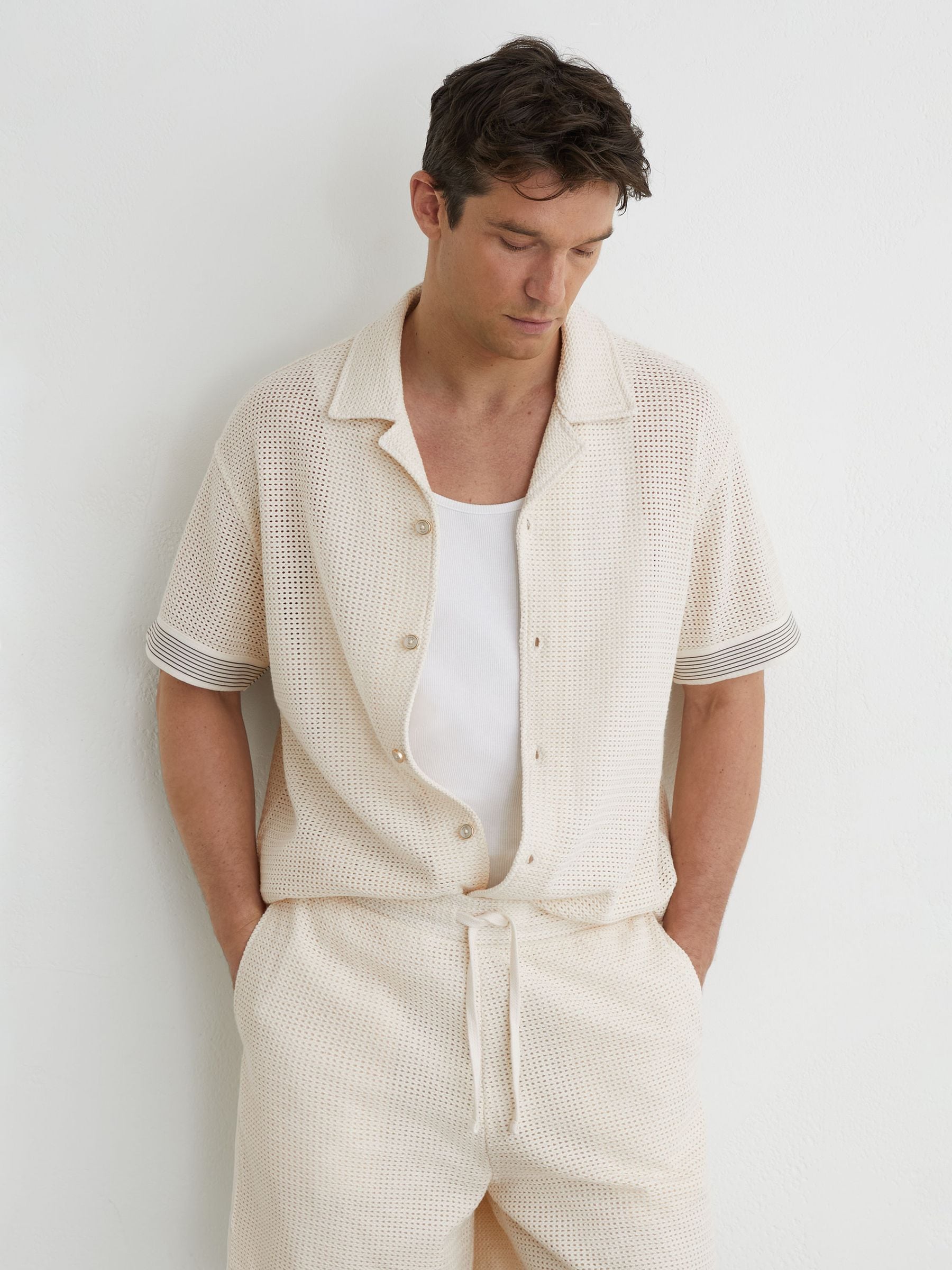 Buy Reiss Off White Aliso Cotton-Blend Tape-Trim Crochet Shirt