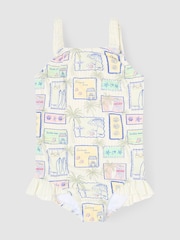 Angel & Rocket Blue Emmie Postcard Print Frill Detail Swimsuit - Image 1 of 3