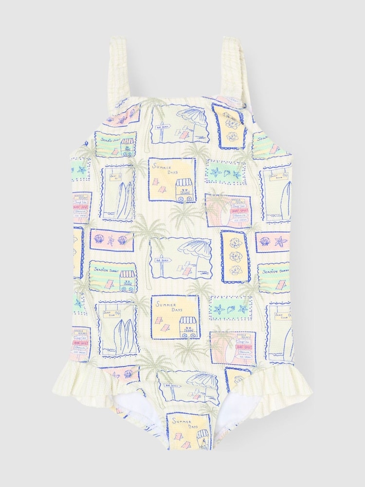 Angel & Rocket Blue Emmie Postcard Print Frill Detail Swimsuit - Image 1 of 3 Angel & Rocket Blue Emmie Postcard Print Frill Detail Swimsuit - Image 1 of 3