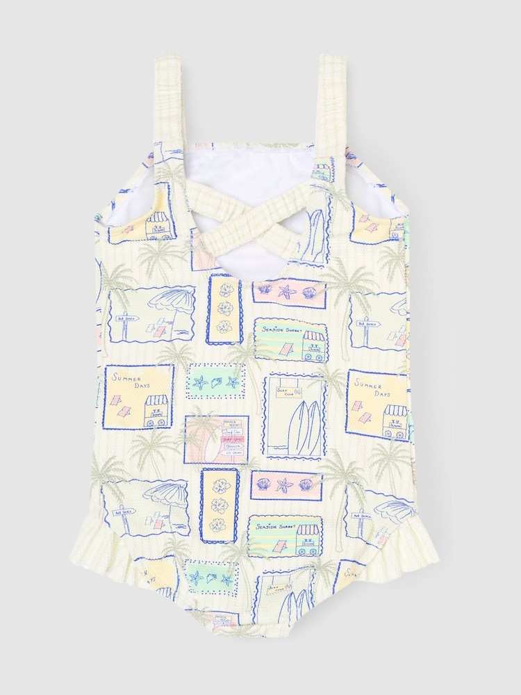 Angel & Rocket Blue Emmie Postcard Print Frill Detail Swimsuit - Image 2 of 3 Angel & Rocket Blue Emmie Postcard Print Frill Detail Swimsuit - Image 2 of 3