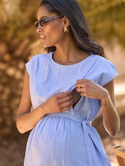 Seraphine Blue Stripe Cotton Maternity and Nursing Dress - Image 3 of 5