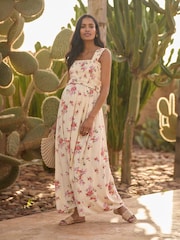 Seraphine Ecru Floral Linen Blend Maternity & Nursing Vintage Floral Maxi Dress - Image 4 of 6