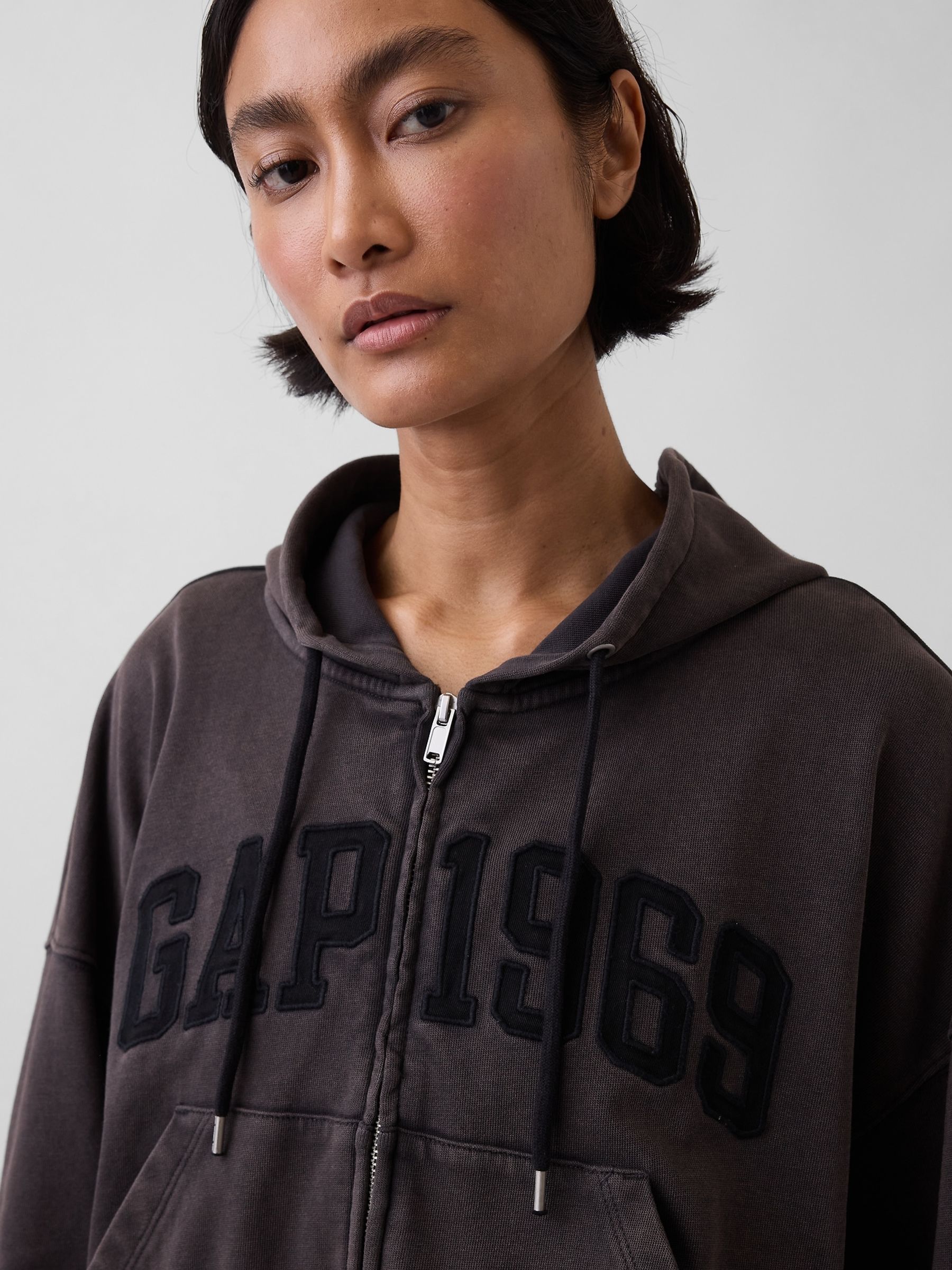 Buy Gap Black French Terry Oversized 1969 Logo Zip Hoodie from the