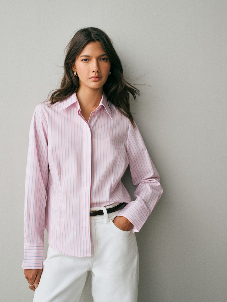 Pink/Blue Stripe Fitted Stretch Essential Long Sleeve Shirt - Image 1 of 4 Pink/Blue Stripe Fitted Stretch Essential Long Sleeve Shirt - Image 1 of 4