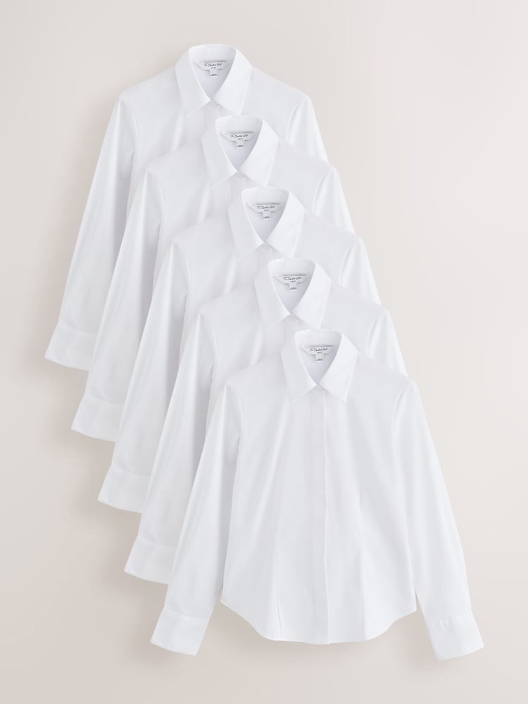 White Fitted Stretch Essential Long Sleeve Shirts 5 Pack - Image 1 of 14
