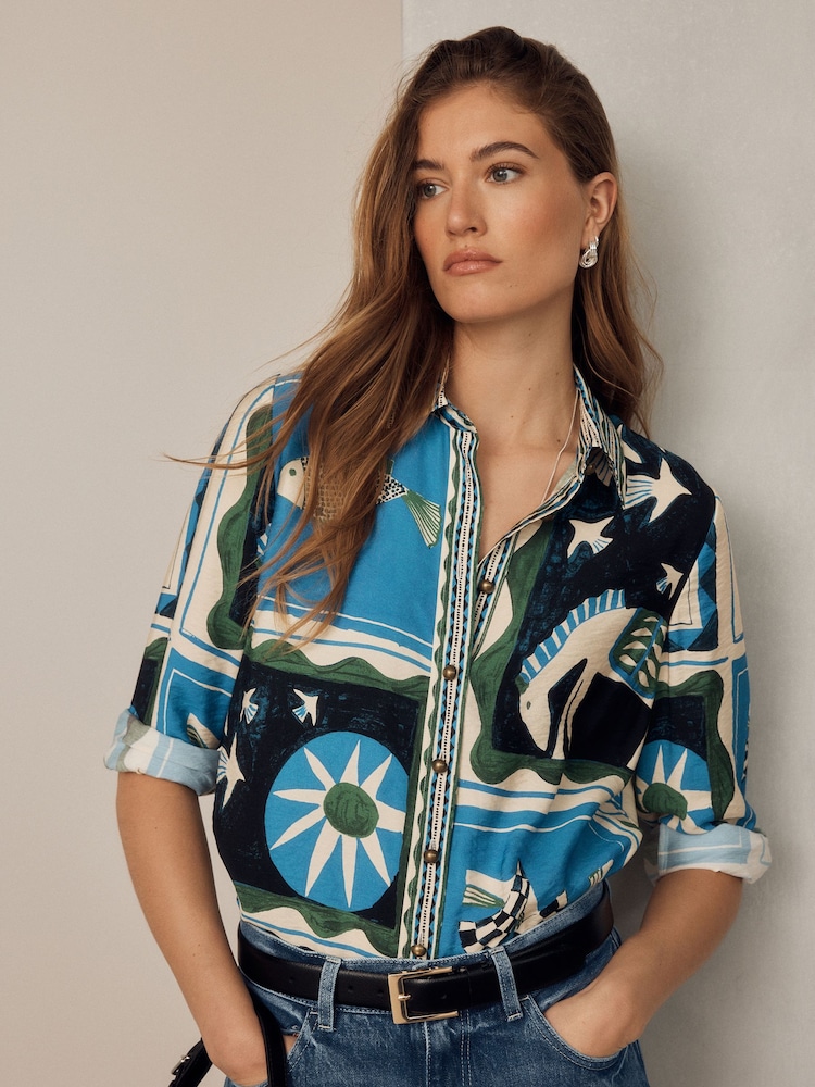 Blue/Green Abstract Print Long Sleeve Shirt - Image 1 of 5