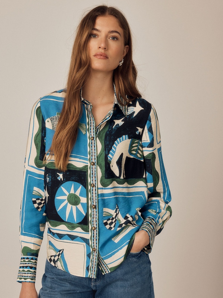 Blue/Green Abstract Print Long Sleeve Shirt - Image 2 of 5
