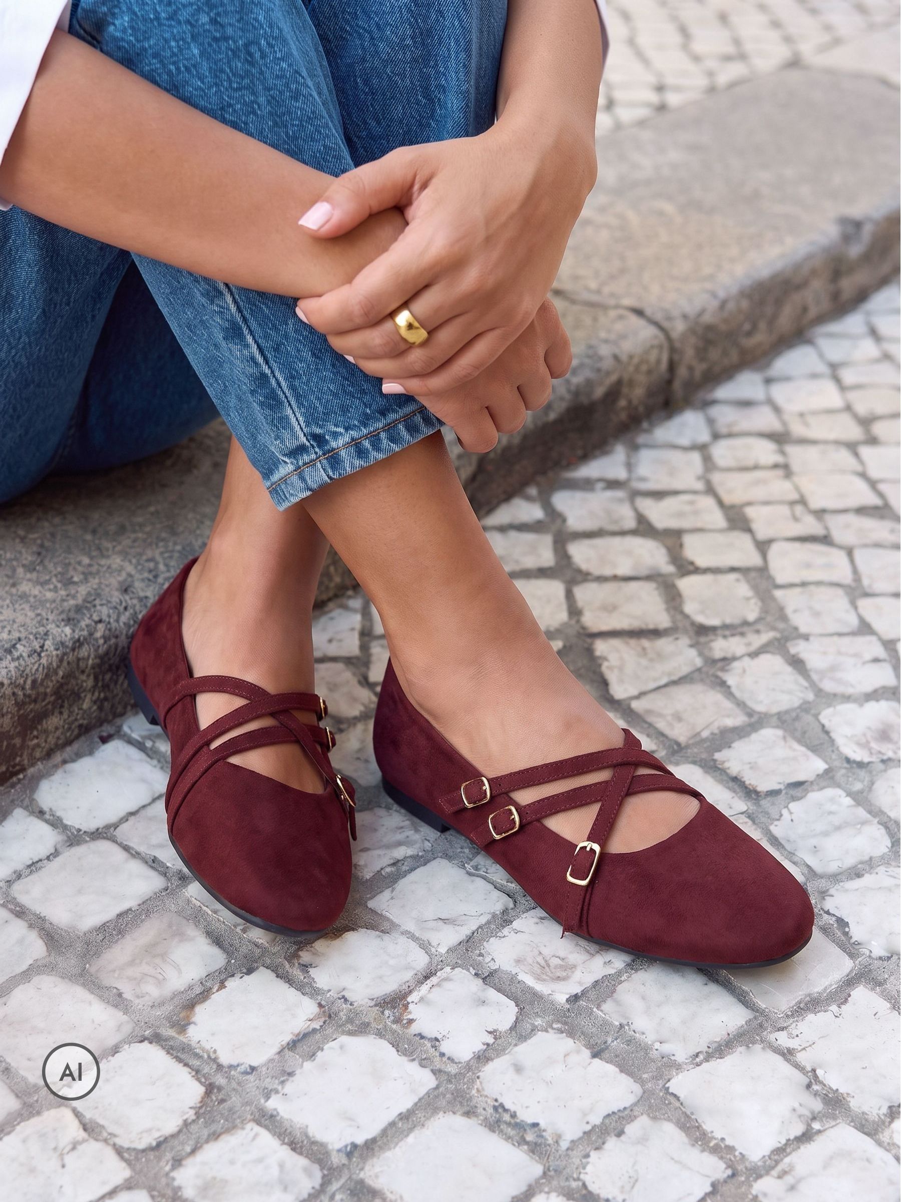 Linzi Women's Burgundy Matrix Mary Jane Flats | Size: 5/Standard Fit - Image 1