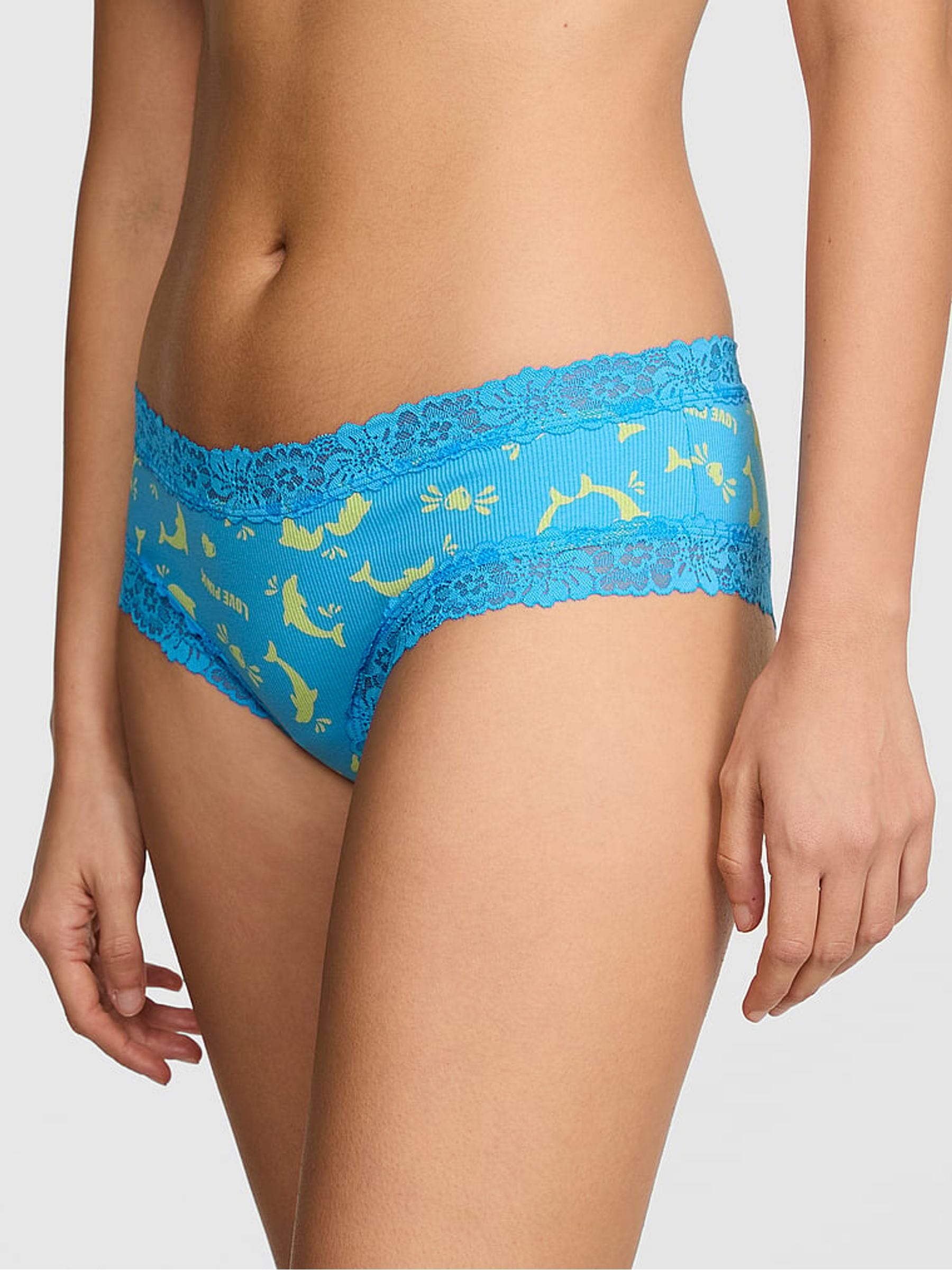 Victoria's Secret PINK Blue Dolphins Cheeky Lace Trim Rib Knickers