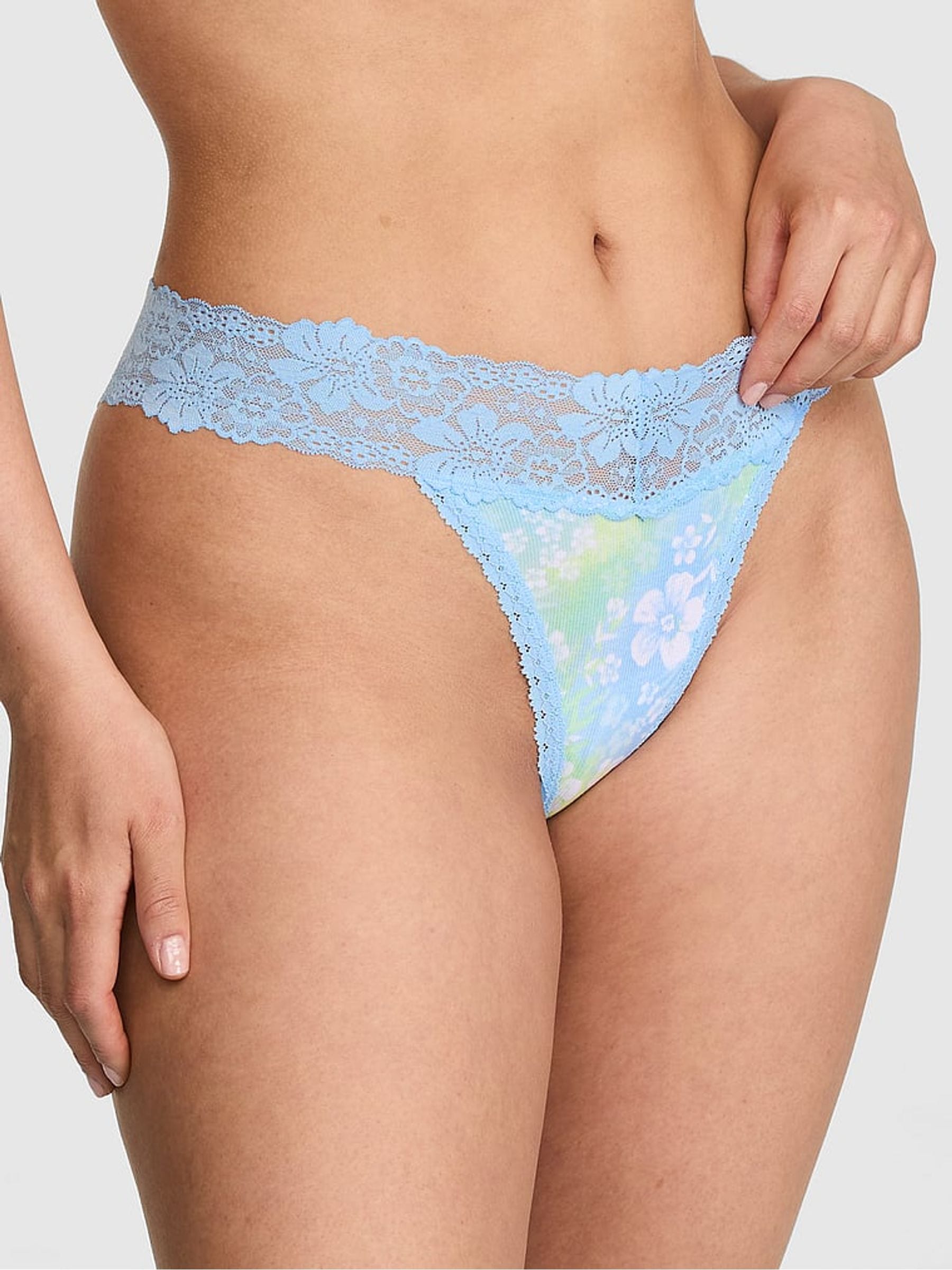 Victoria's Secret PINK Blue Dancer Hibiscus Thong Lace Trim Rib Knickers