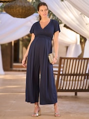 Seraphine Navy Maternity & Nursing Wrap front Midi Length Jumpsuit - Image 1 of 4