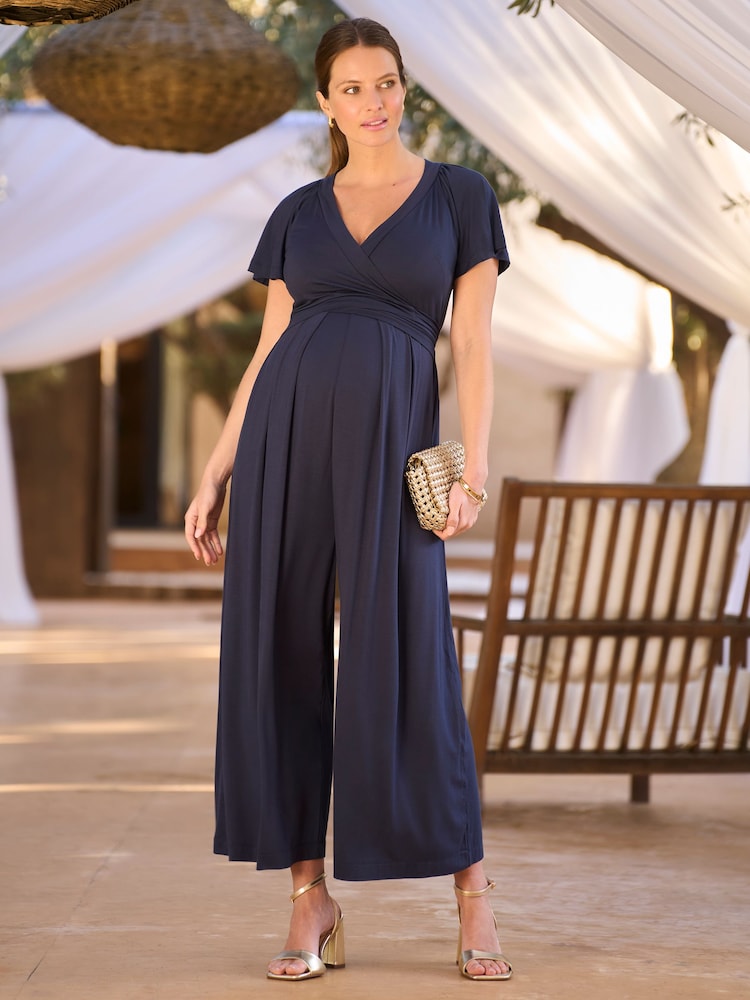 Seraphine Navy Maternity & Nursing Wrap front Midi Length Jumpsuit - Image 1 of 4