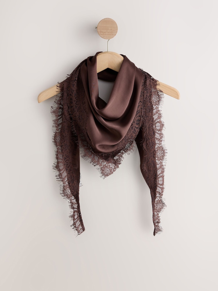 Chocolate Brown Lightweight Lace Trim Triangle Scarf - Image 1 of 3