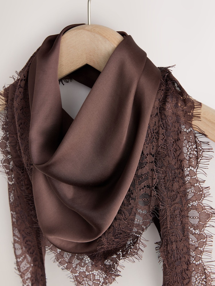 Chocolate Brown Lightweight Lace Trim Triangle Scarf - Image 2 of 3