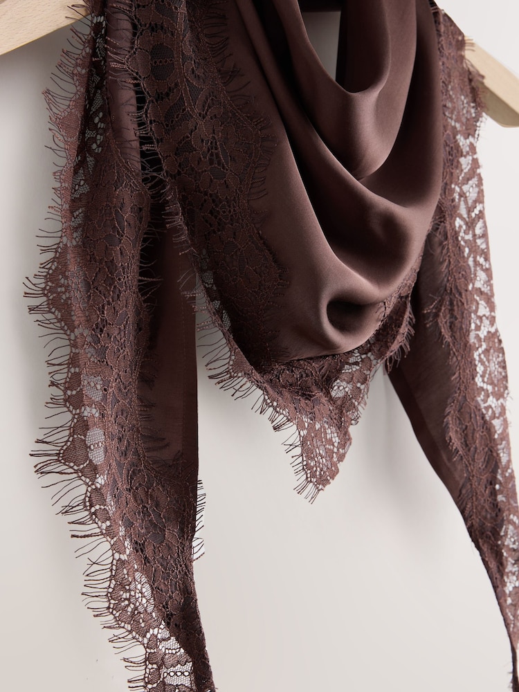 Chocolate Brown Lightweight Lace Trim Triangle Scarf - Image 7 of 7 Chocolate Brown Lightweight Lace Trim Triangle Scarf - Image 7 of 7