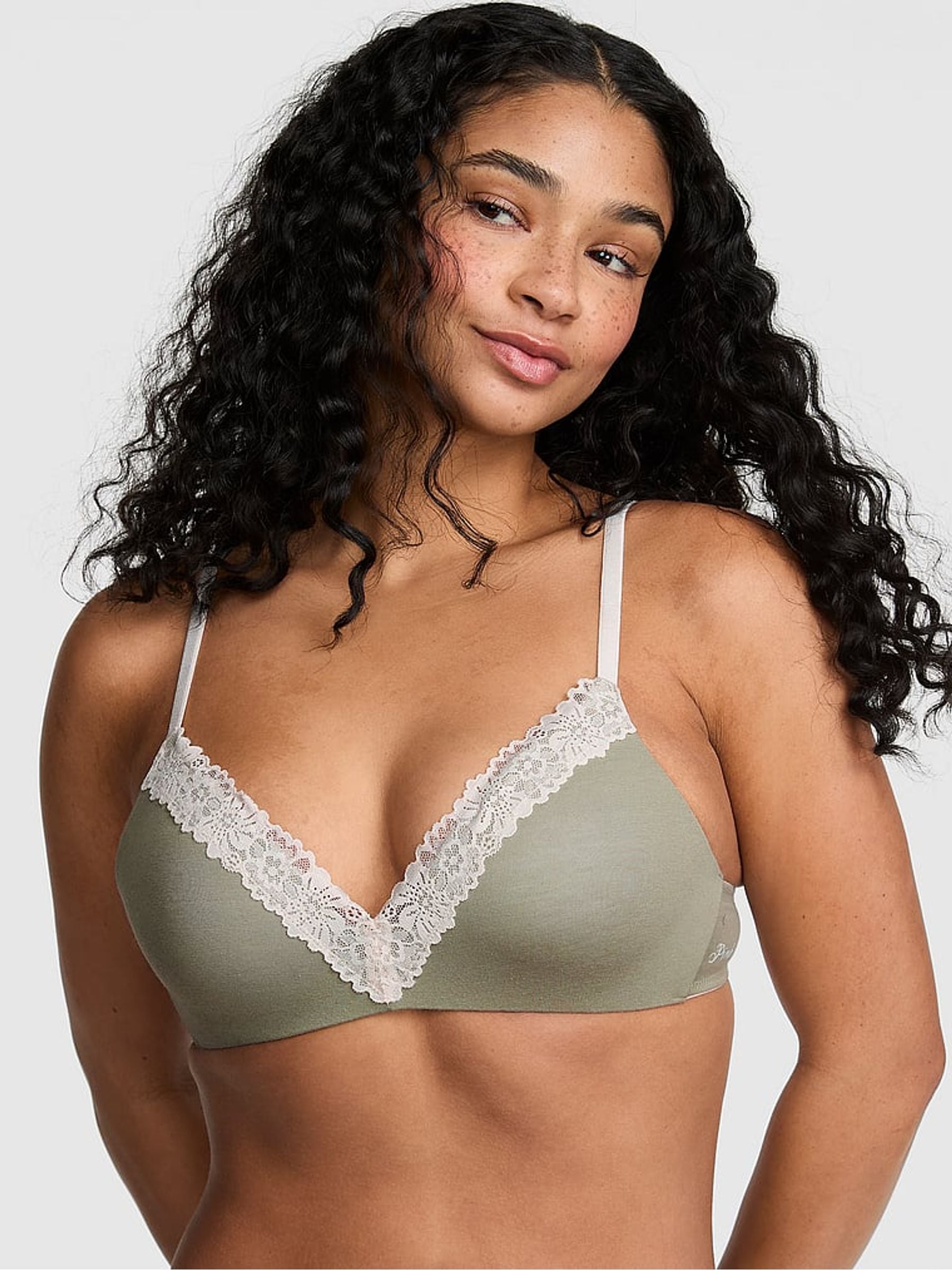 Victoria's Secret PINK Slate Green Non Wired Push Up Cotton Heather Lace Trim Bra