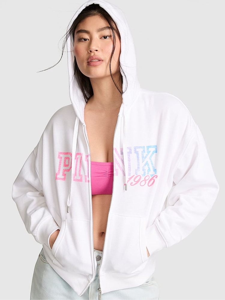 Victoria's Secret PINK White Fleece Zip Up Hoodie - Image 1 of 2
