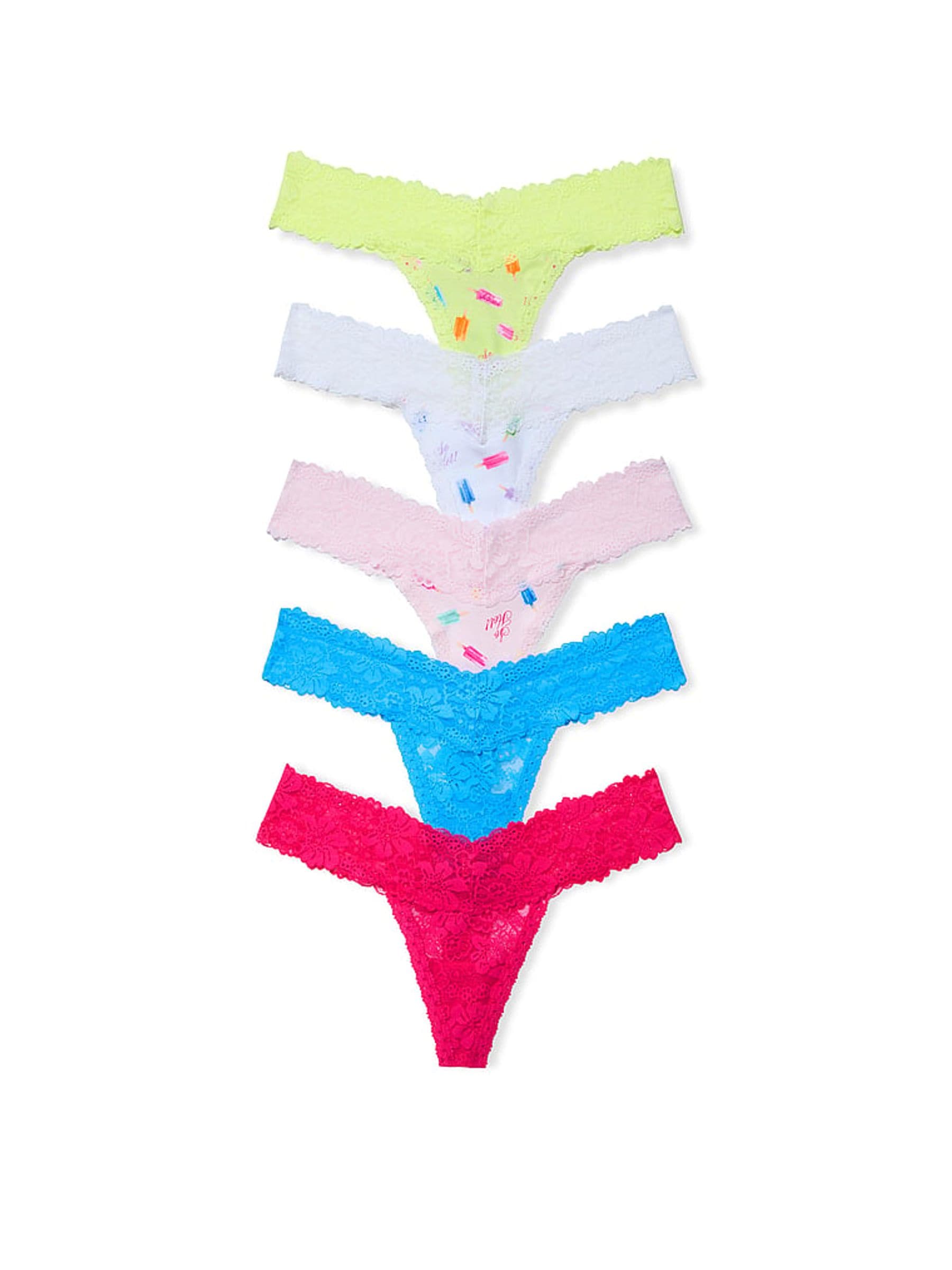 Victoria's Secret PINK Yellow/White/Blue/Pink 5 Pack Ribbed Lace Trim Knickers