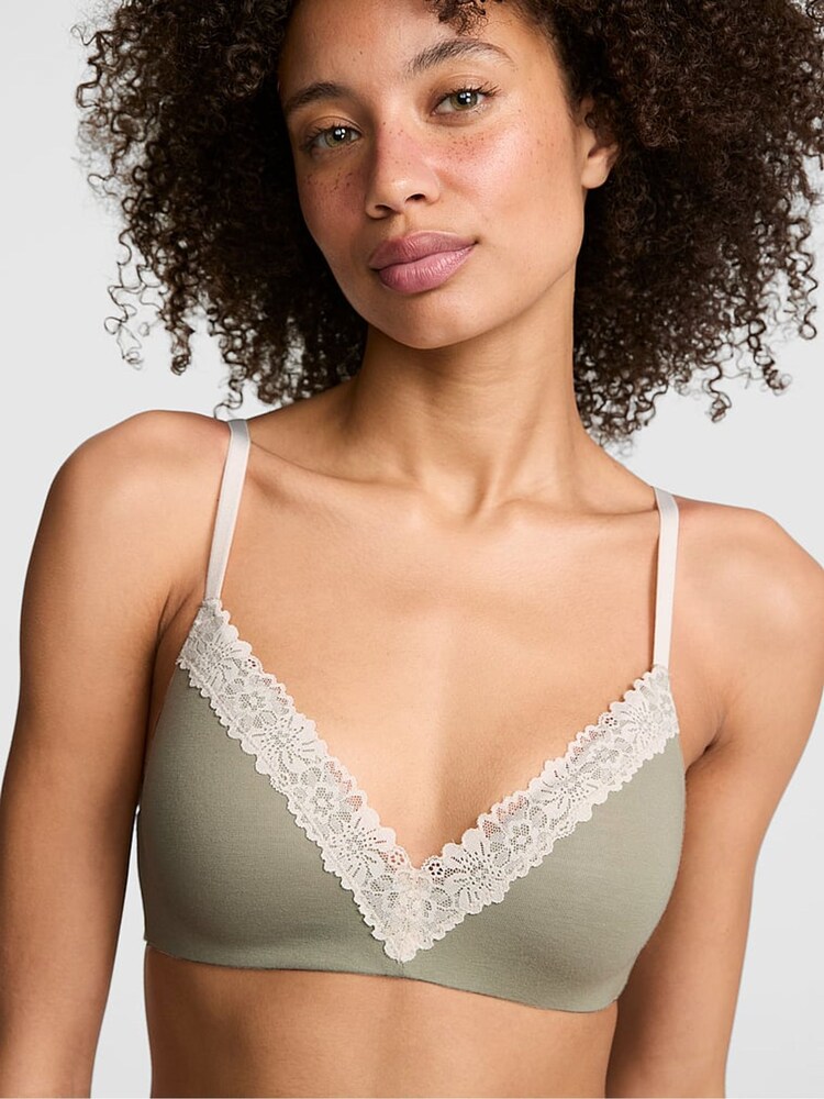 Victoria's Secret Pink Slate Green Non Wired Lightly Lined Cotton Heather Lace Trim Bra - Image 1 of 2