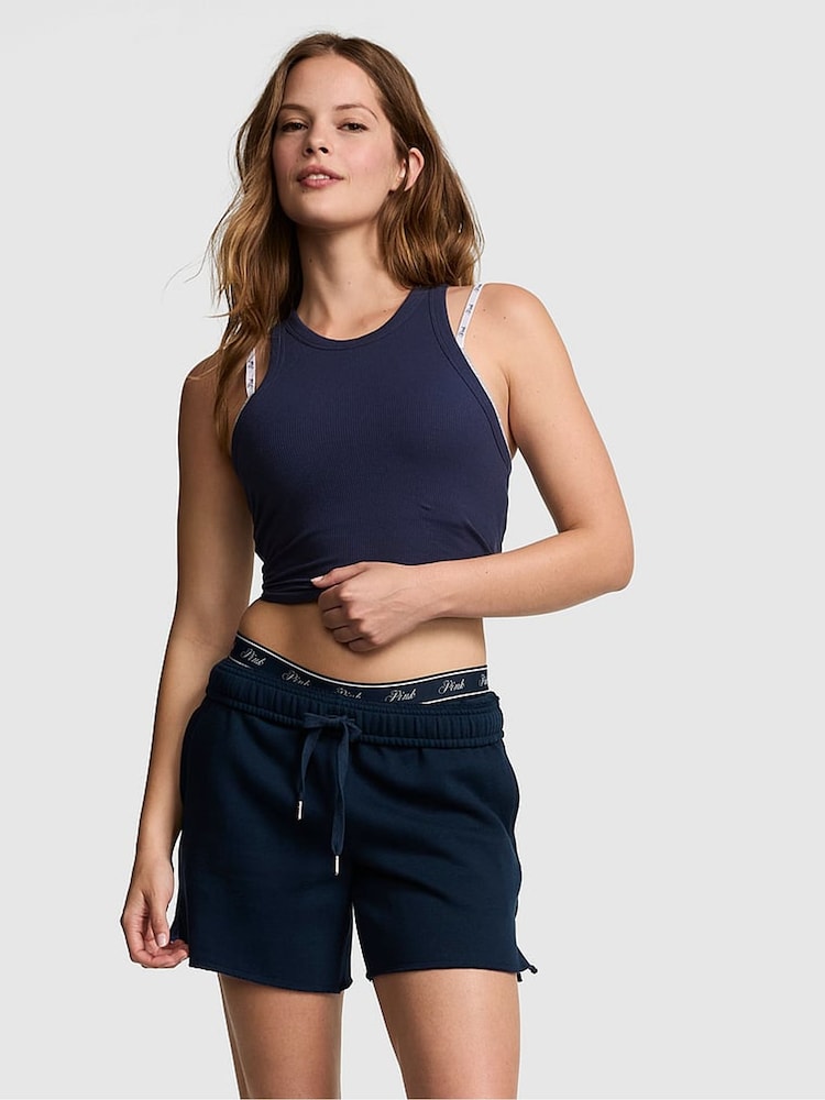 Victoria's Secret Pink Noir Navy Blue Gingham Fleece Shorts - Image 1 of 3