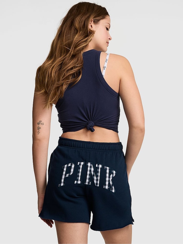 Victoria's Secret Pink Noir Navy Blue Gingham Fleece Shorts - Image 2 of 3