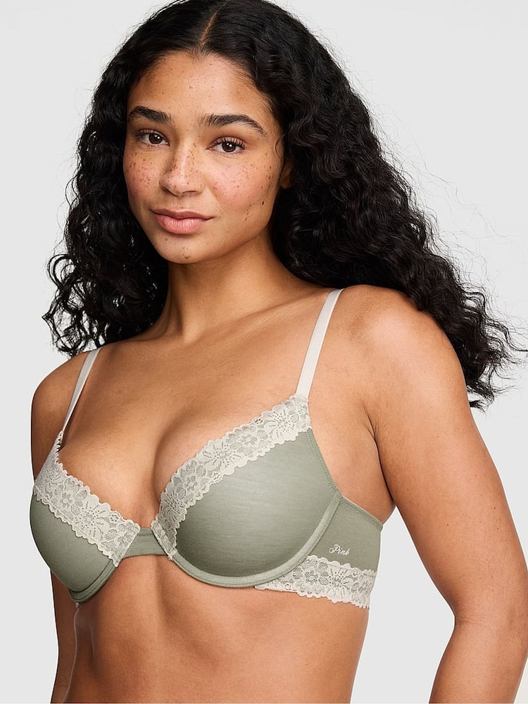 Victoria's Secret PINK Slate Green Push Up Cotton Heather Lace Trim Bra - Image 1 of 2