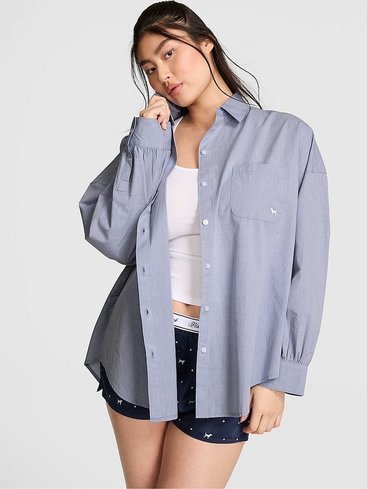 Victoria's Secret Pink Chambray Blue Oversized Button Down Pyjama Top - Image 1 of 2