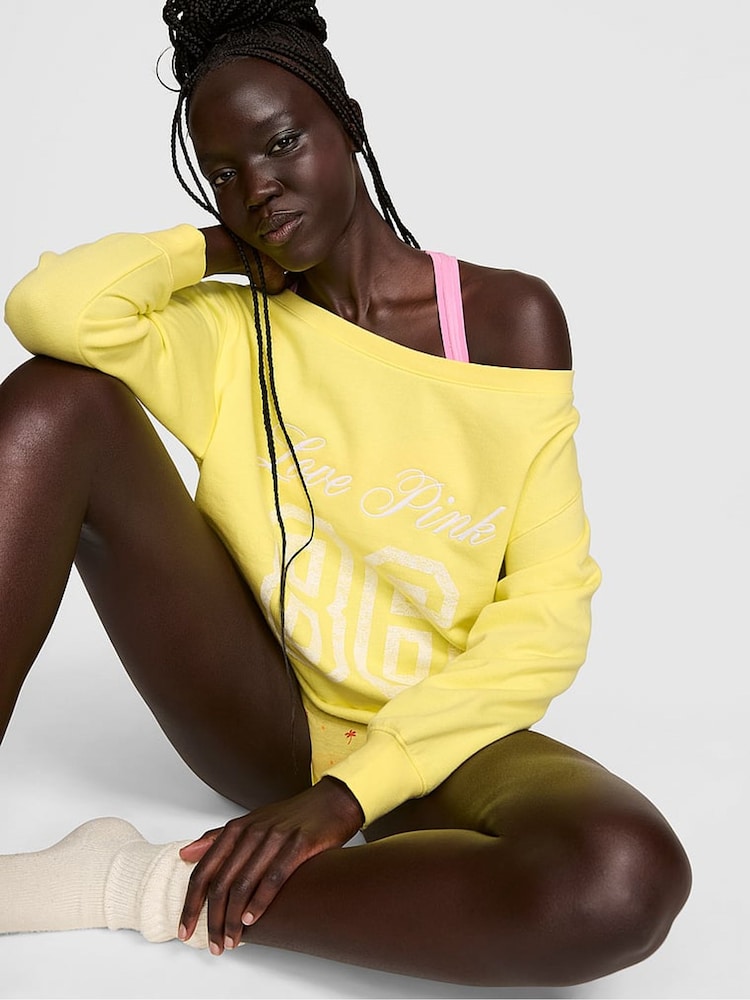 Victoria's Secret Pink Pineapple Yellow Off The Shoulder Fleece Sweatshirt - Image 1 of 2