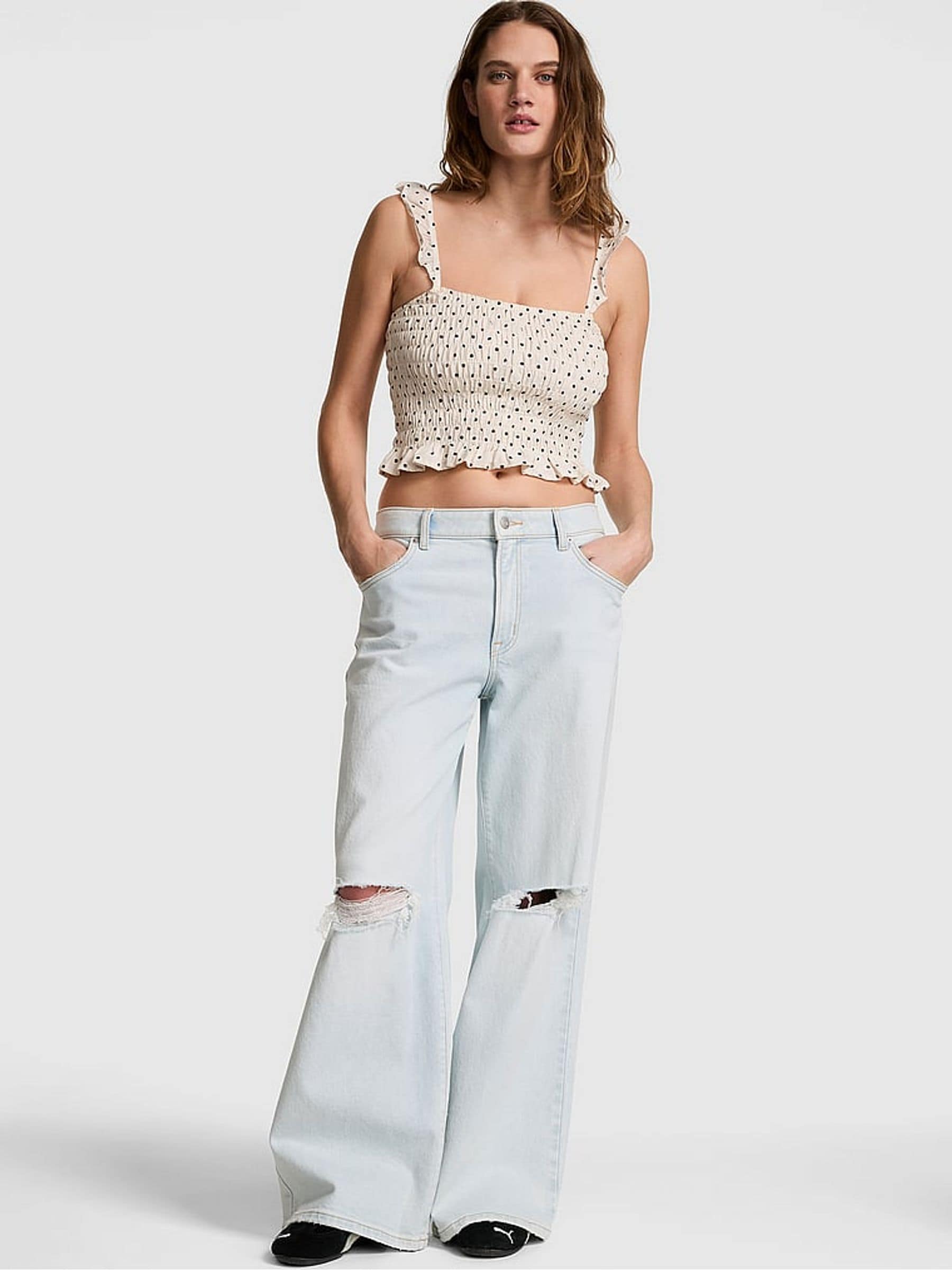 Buy Victoria's Secret Pink White Polka Dot Smocked Ruffle Top from