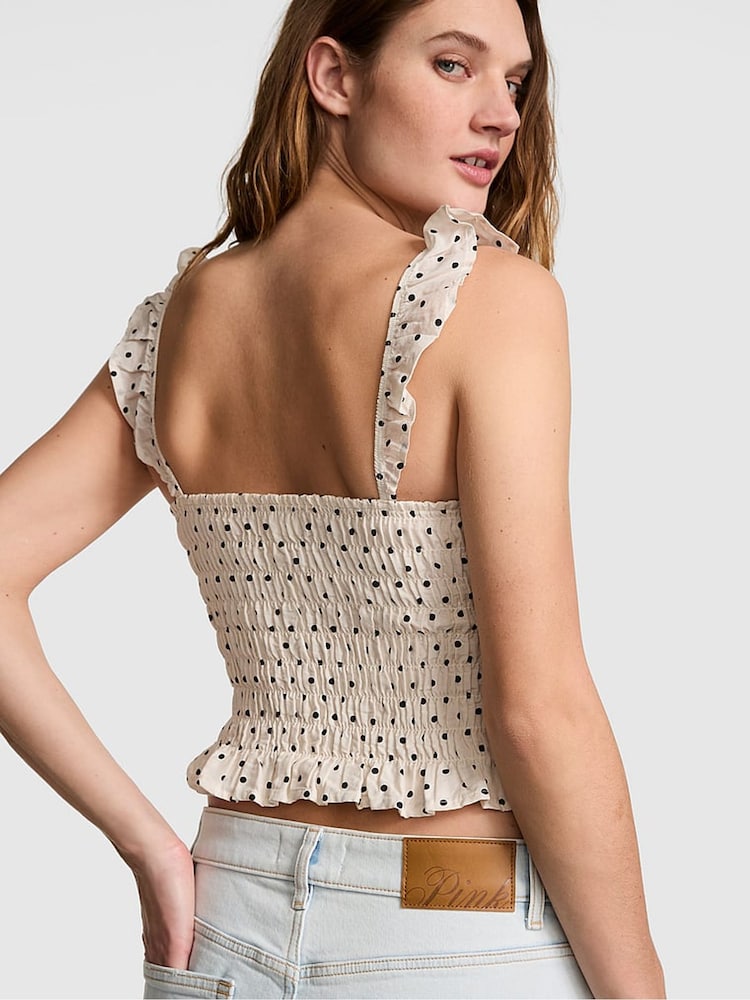 Victoria's Secret Pink White Polka Dot Smocked Ruffle Top - Image 3 of 3