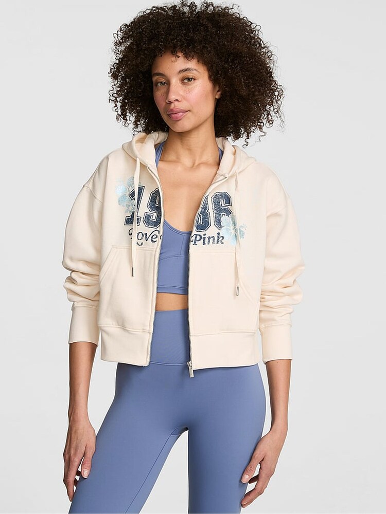 Victoria's Secret Pink Winter White Cropped Full Zip Hoodie - Image 1 of 2