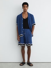 Reiss Blue Helios Cotton-Blend Wave-Knit Tipped Shorts - Image 1 of 7